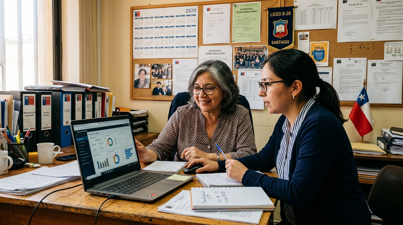 Equipo directivo y coordinación pedagógica revisando informe ejecutivo escolar